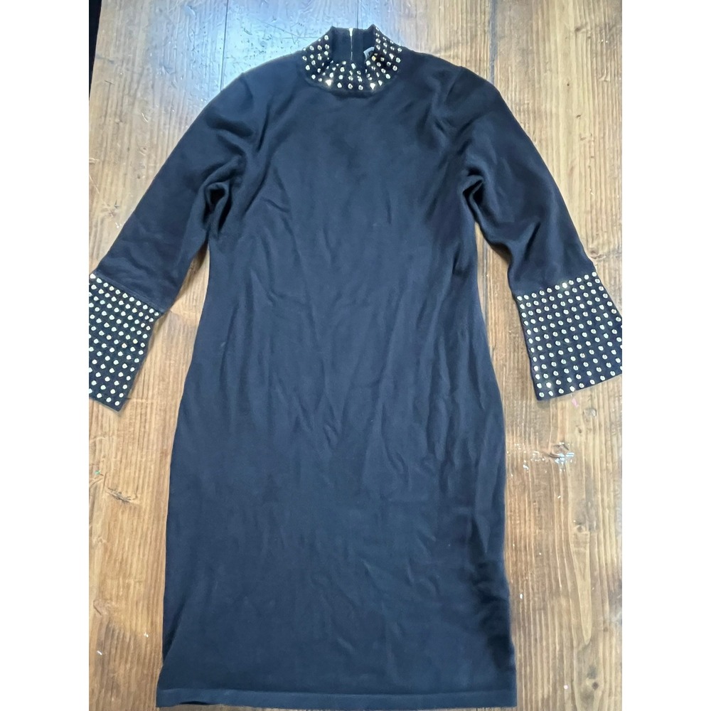 Calvin‎ Klein Black Studded Mock Neck Long Sleeve Knit Sheath Dress Medium